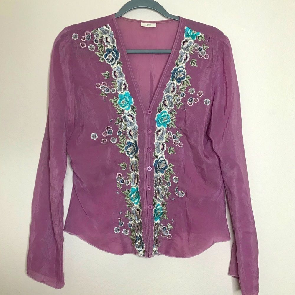 J Jill silk purple floral‎ embroidered blouse